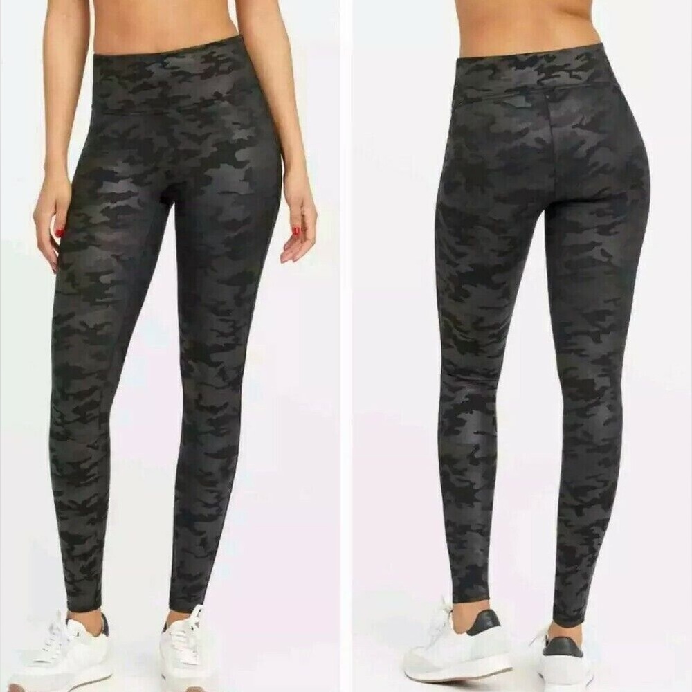 SPANX Faux Leather Camo Black Leggings SMALL